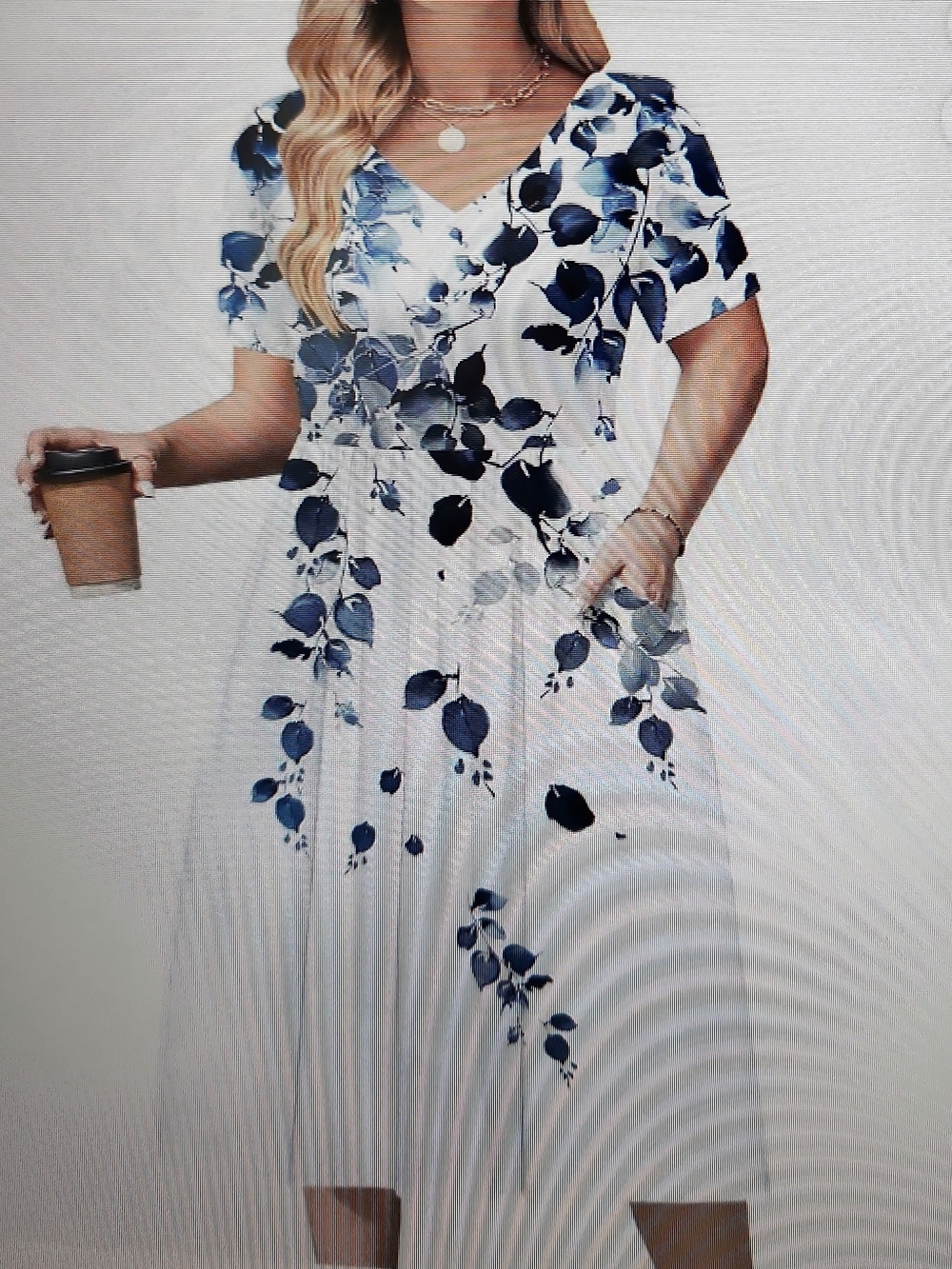 V-Neck White Midi Dress with Blue Floral Print. NWT